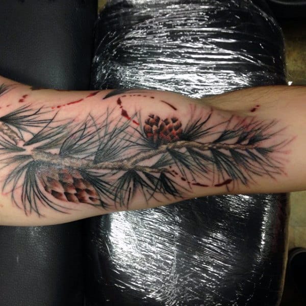 Men's Bicep Pine Tree Cones Tattoo