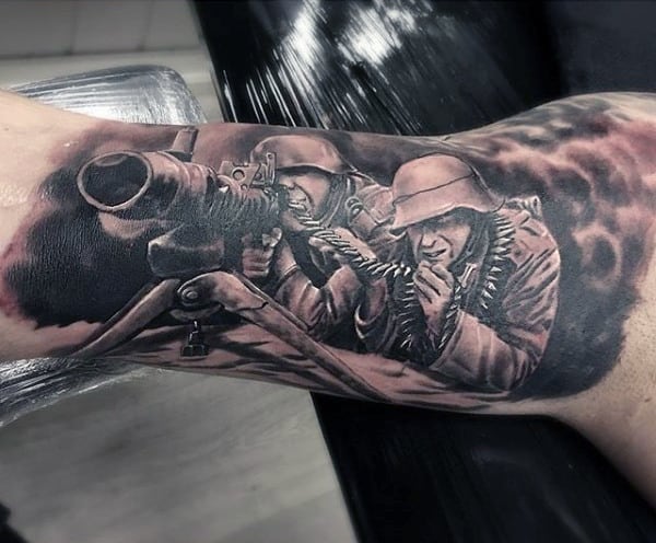 Mens Bicep Soliders In Combat Army Tattoo Ideas