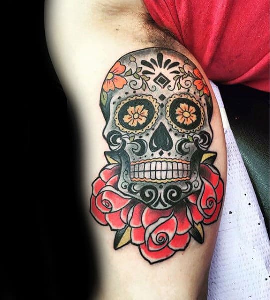 Mens Bicep Sugar Skull Old School Design With Red Rose Flowers