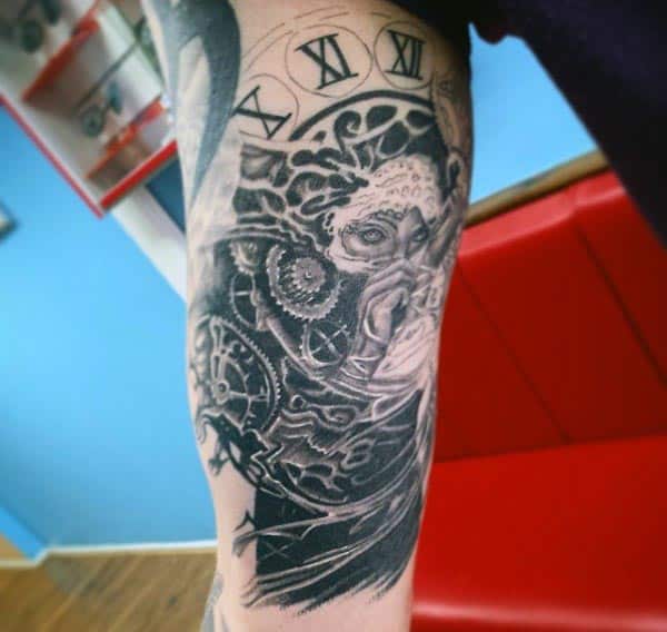 Black and grey tattoo featuring a mysterious veiled woman, Roman numerals, and intricate clockwork gears, blending realism and steampunk elements