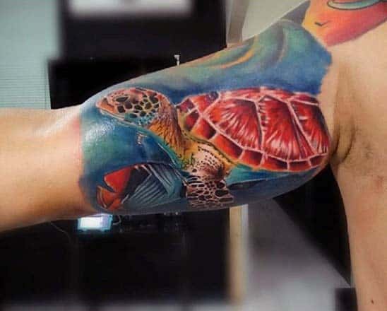 Mens Bicep Turtle Sleeve Tattoos