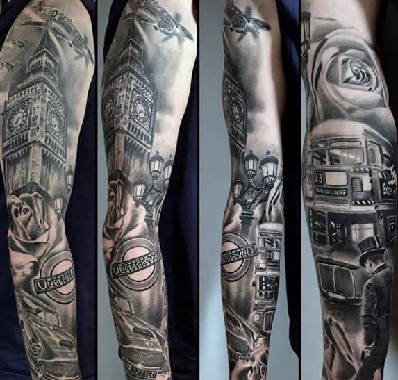 Detailed black and grey tattoo sleeve with Big Ben, London Underground logo, a bus, rose, and planes, showcasing iconic London elements.