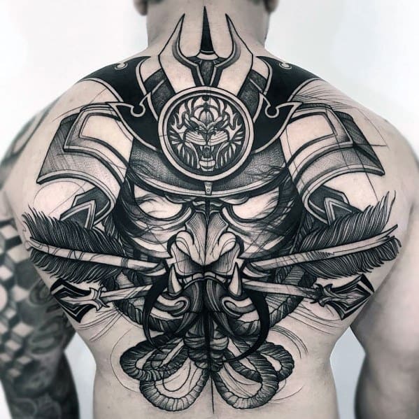 Large full-back tattoo featuring a detailed samurai helmet with a fierce demonic face, crossed arrows, and intricate linework for a powerful design.