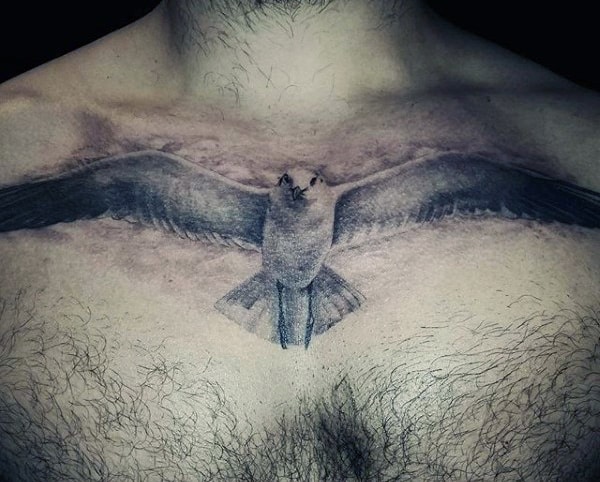 Realistic bird in flight tattoo on chest