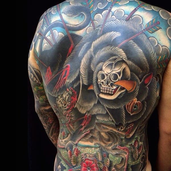 Mens Bison Skull Full Back Tattoo