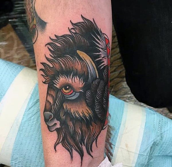 Mens Bison Traditional Arm Tattoo