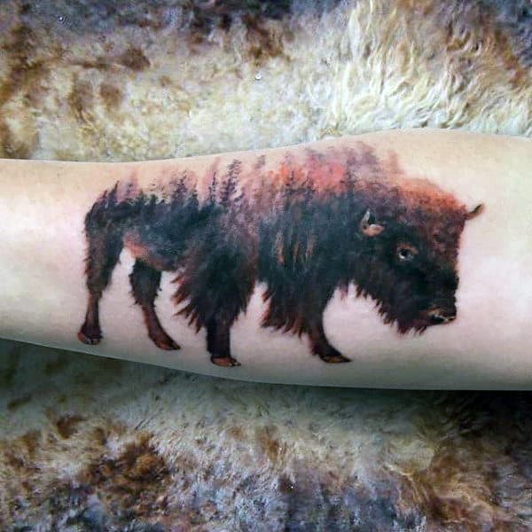 Mens Bison Tree Forest Forearm Tattoo