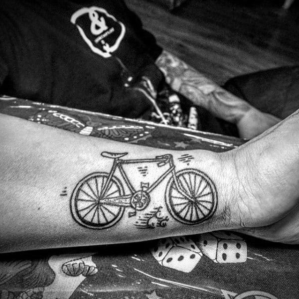 Mens Biycle Pencil Art Tattoo On Forearms
