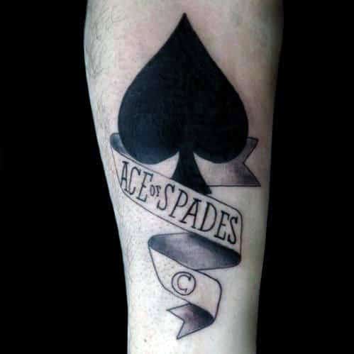 Mens Black Ace Tattoo With Ribbon Guys Calves
