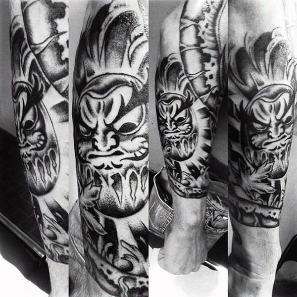 Mens Black And Grey Daruma Doll Shaded Sleeve Tattoo On Forearm