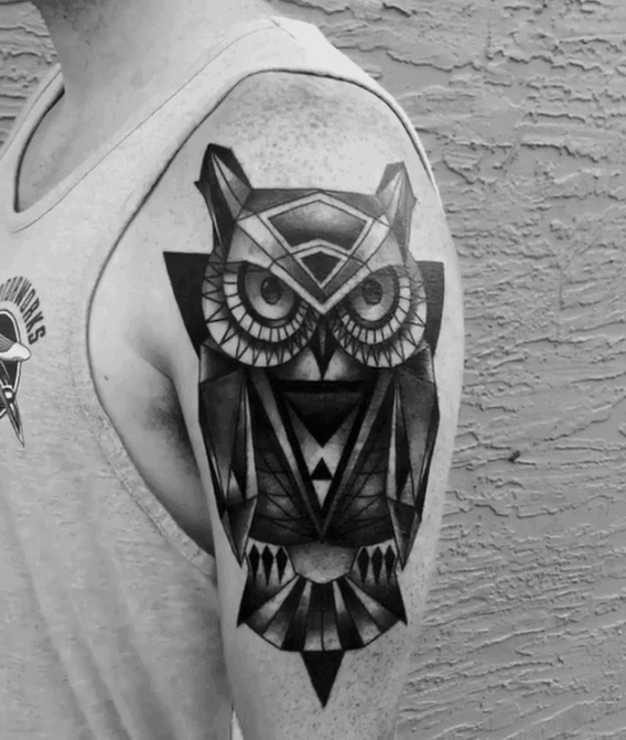 Mens Black And Grey Heavily Shaded Geometric Owl Arm Tattoo