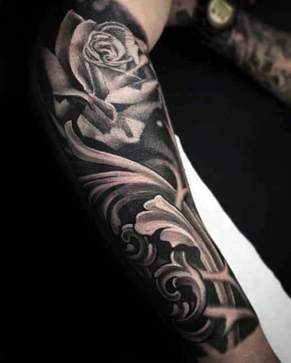 Mens Black And Grey Ink Filigree Shaded Forearm Sleeve Tattoo With Rose Flower Design