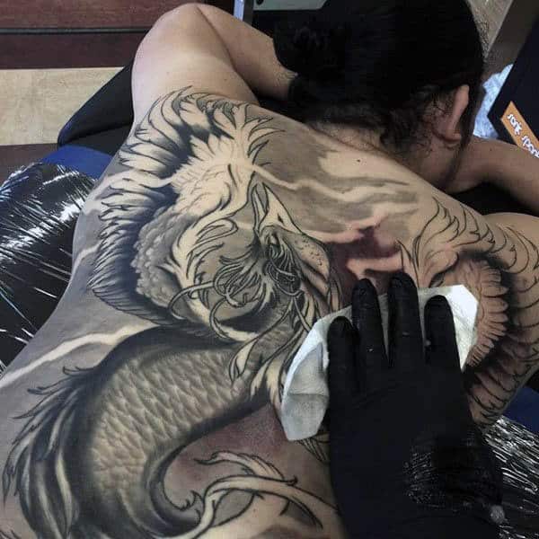 Mens Black And Grey Ink Phoenix Full Back Tattoos