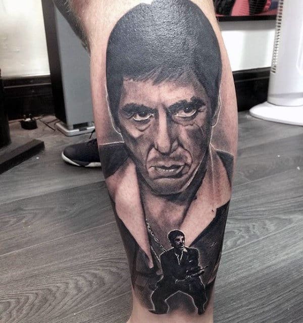 Mens Black And Grey Scarface Leg Tattoo Designs