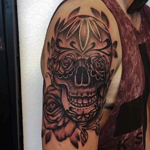 Mens Black And Grey Shaded Sugar Skull Upper Arm Tattoo Design