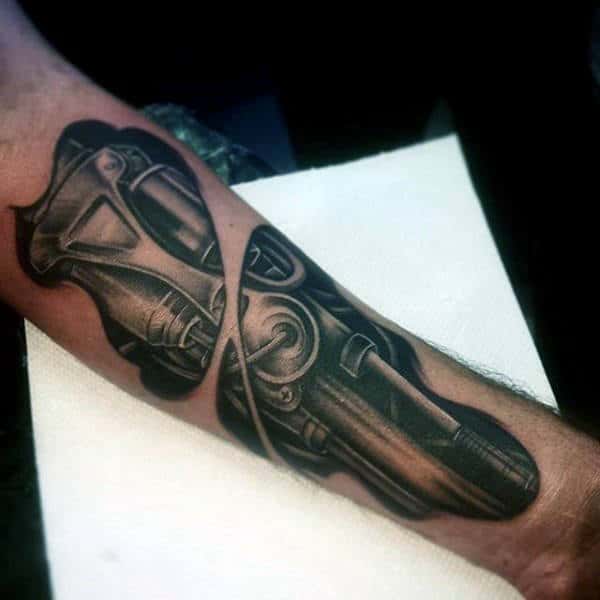 Mens Black And Grey Terminator Shaded Ink Inner Robotic Arm Tattoo