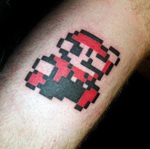 Mens Black And Red Ink 8 Bit Leg Tattoo