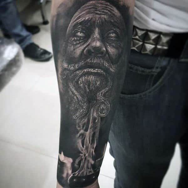 Mens Black And White Wrinkled Old Man And Candle Tattoo Forearms