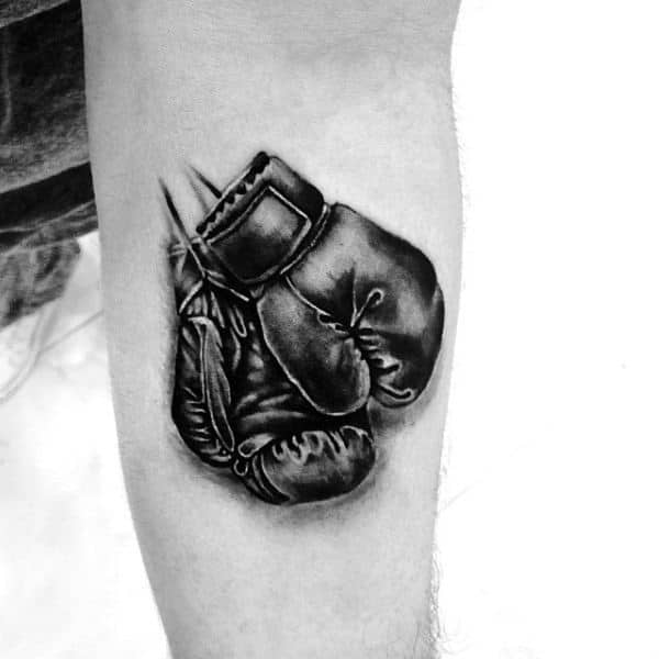 Mens Black Boxing Gloves Tattoo On Inner Forearm With Shaded Design