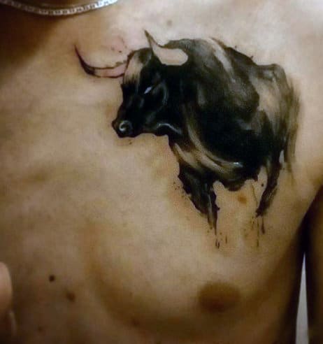Men's Black Bull Tattoo On Chest