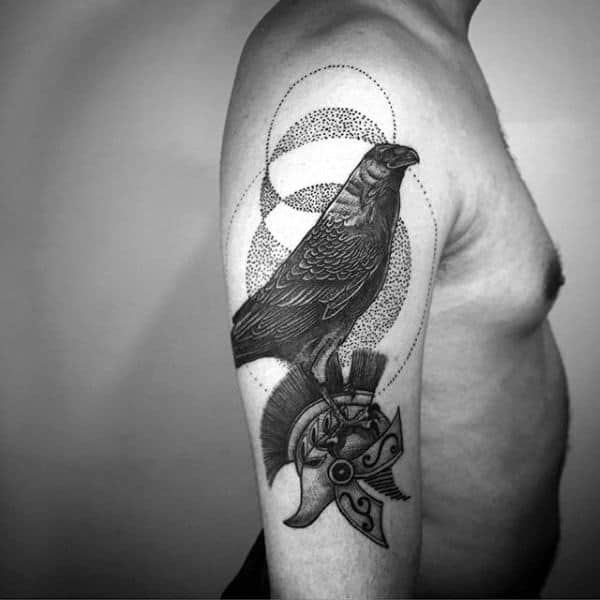 Mens Black Crow With Spartan Unique Arm Tattoo