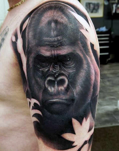 Mens Black Gorilla And Leaf Tattoo On Upper Arm