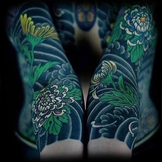 Mens Black Green Japanese Sleeve Tattoo