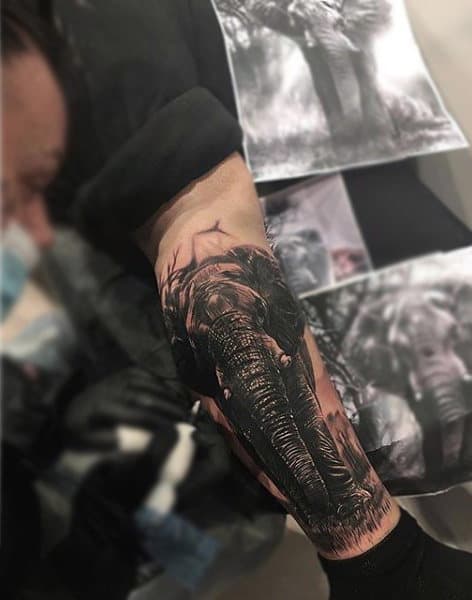 Mens Black Grey Shaded Elephant Tattoo Calves