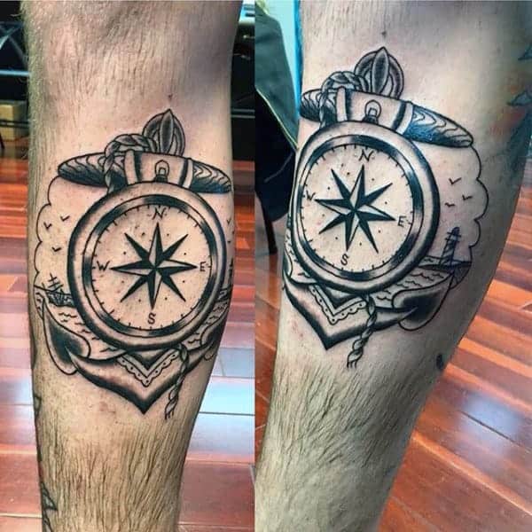 mens-black-ink-anchor-traditional-compass-leg-tattoos