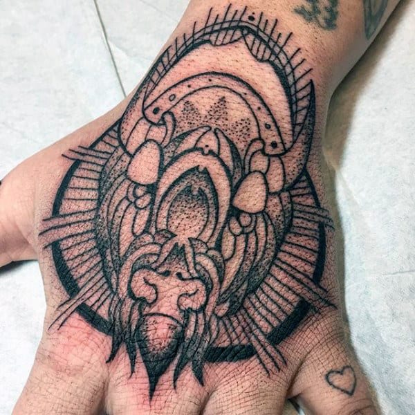 Mens Black Ink Bison Hand Tattoo