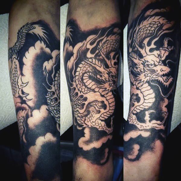 Mens Black Ink Chinese Dragon Forearm Tattoo Ideas