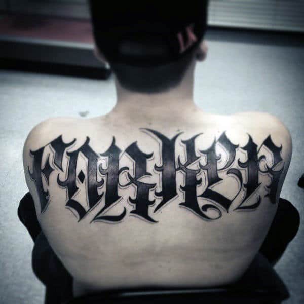 Mens Black Ink Dark Last Name Upper Back Tattoos