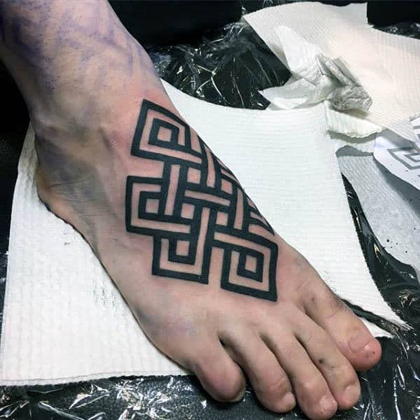 Mens Black Ink Endless Knot Foot Tattoos