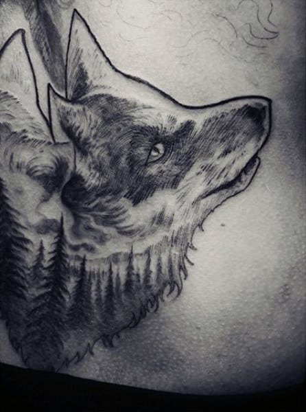 Mens Black Ink Foxhead Tattoo On Rib Cage Side