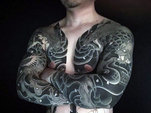 Mens Black Ink Japanese Dragon Chest Tattoo Ideas
