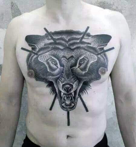Mens Black Ink Lines Glowing Dotwork Wolf Tattoo On Upper Chest Of Body