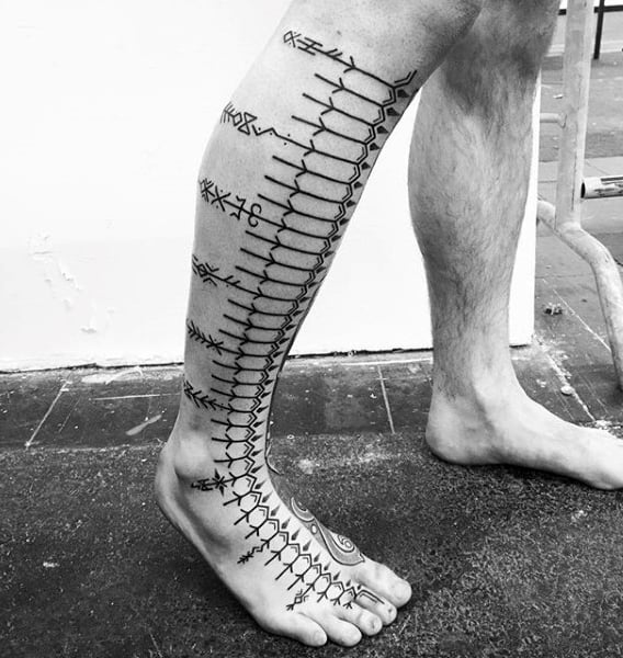 Mens Black Ink Linework Rune Leg Sleeve Tattoo