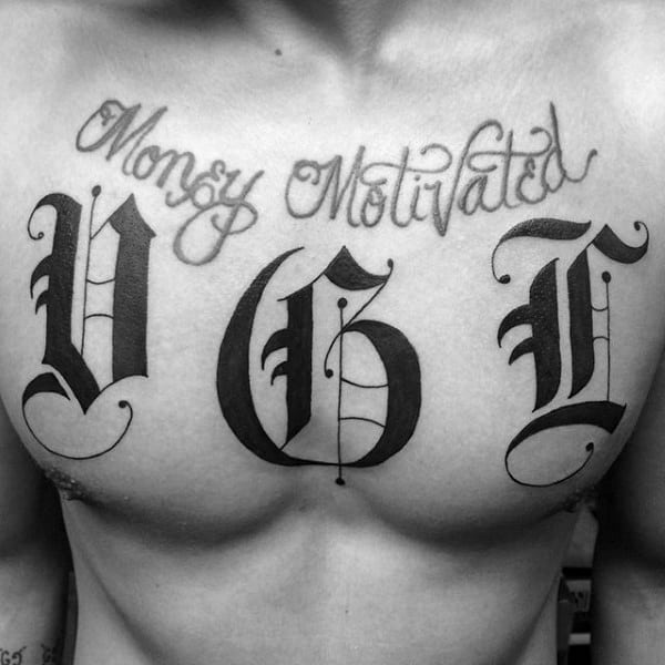 Mens Black Ink Old English Initals Chest Tattoo