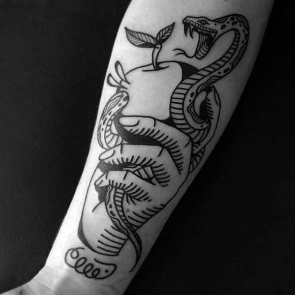 Mens Black Ink Old School Snake And Apple Tattoo Design On Inner Forearms