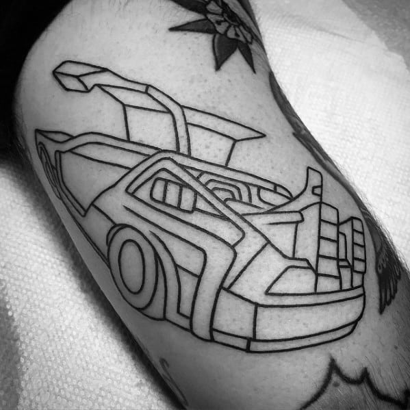 Mens Black Ink Outline Back To The Future Outer Arm Tattoo