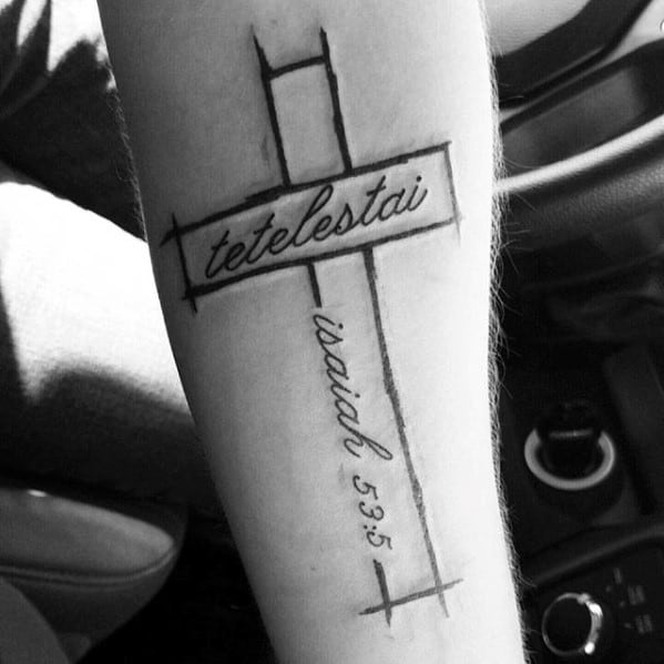 Mens Black Ink Outline Cross Tetelestai Guys Forearm Tattoo