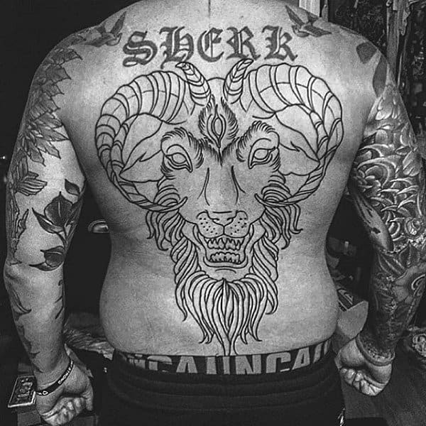 Mens Black Ink Outline Large Goat Back Tattoos