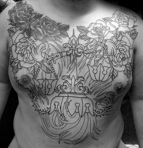 Mens Black Ink Outline Libra Chest Tattoos