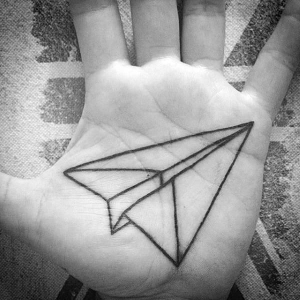 Mens Black Ink Outline Paper Airplane Palm Tattoo