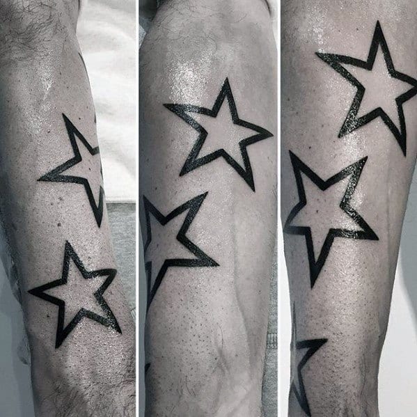 Three black star tattoos on a person's leg shown from different angles