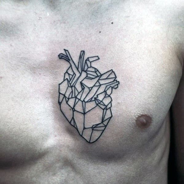 Mens Black Ink Outline Small Geometric Heart Tattoo On Chest