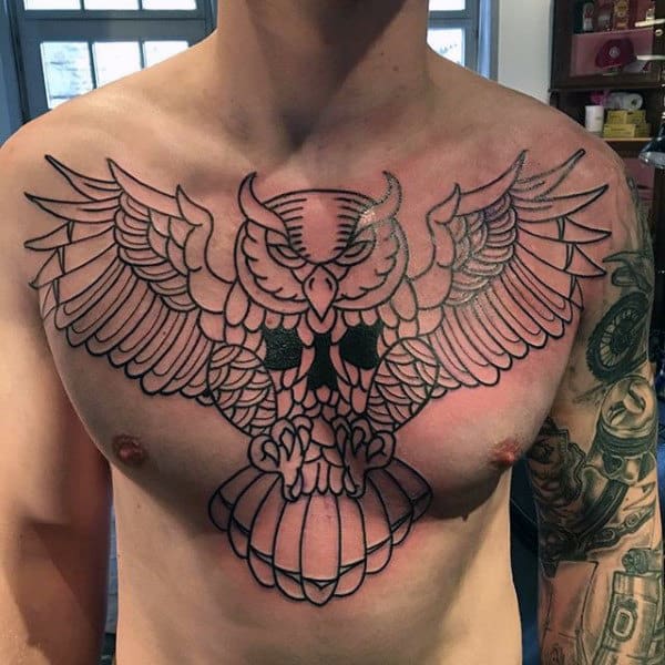 Mens Black Ink Outline Traditional Tattoo Design Ideas With Owl