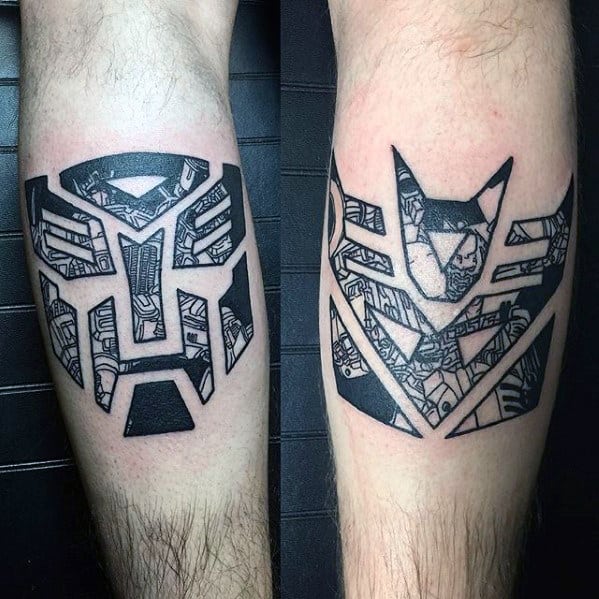 Mens Black Ink Outline Transformers Leg Calf Tattoos