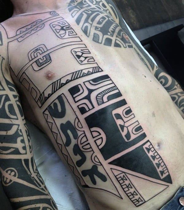 Mens Black Ink Outline Tribal Rib Tattoos
