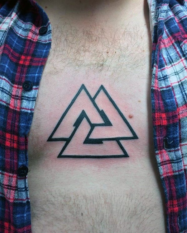 Mens Black Ink Outline Valknut Upper Chest Tattoos